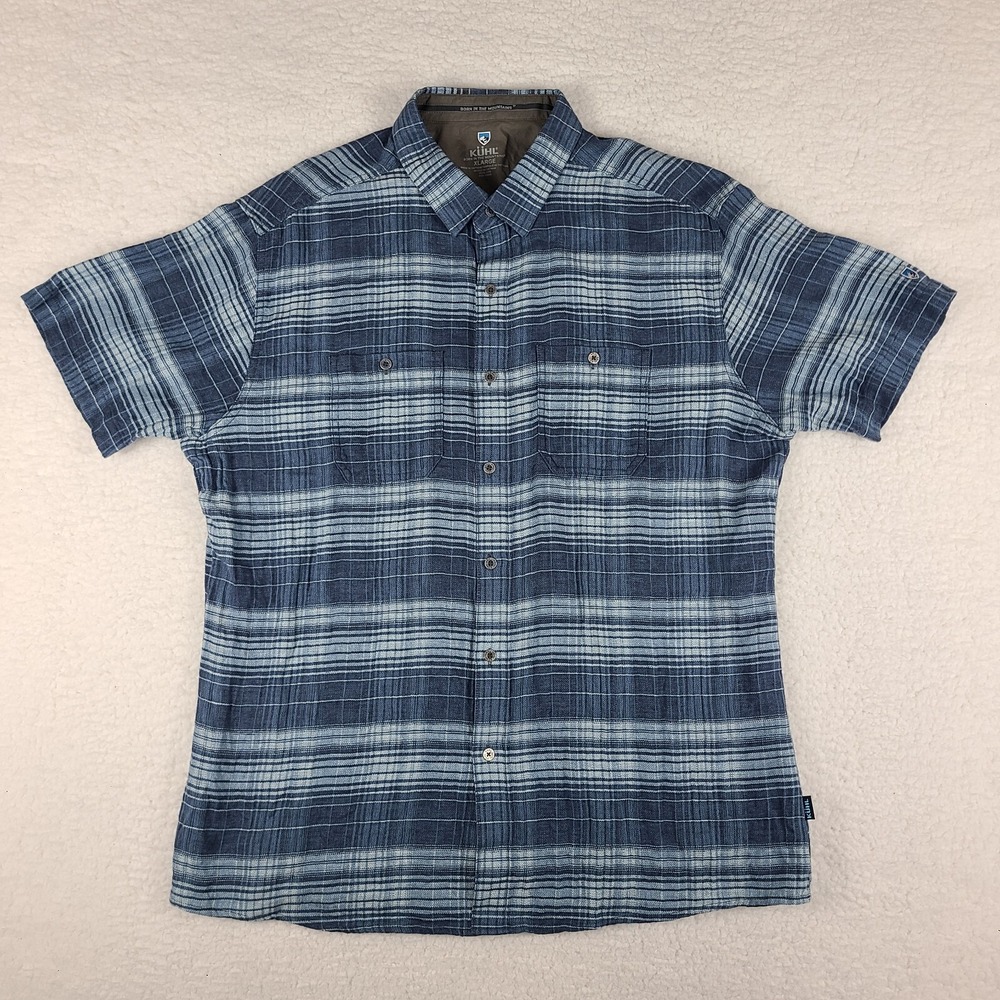 Kuhl Skoprio Shirt Mens XL‎ Blue Plaid Linen Cotton Hawaiian Dress Button Up